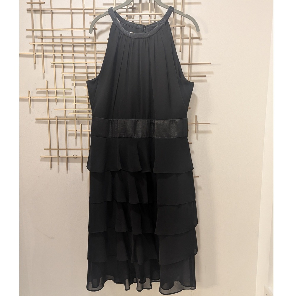 Evan Picone Black Halter Tiered Chiffon Ruffle Dress Cocktail Wedding LBD Sz 14